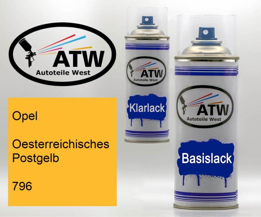 Opel, Oesterreichisches Postgelb, 796: 400ml Sprühdose + 400ml Klarlack - Set, von ATW Autoteile West.